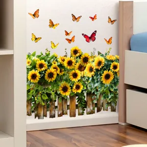 Vibrant sunflower and butterfly fence wall sticker decoration for living room
