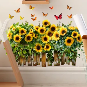 Detailed view of realistic sunflower and butterfly wall stickers applied to a home interior wall