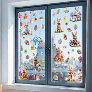 Decorative Easter static window stickers featuring rabbits and colorful eggs on glass
