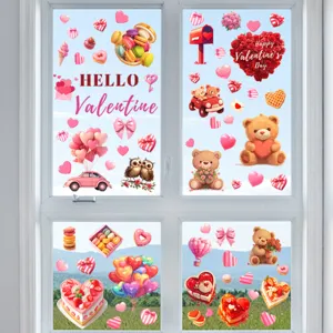 Detailed view of festive Valentine's Day window stickers featuring hearts and bears