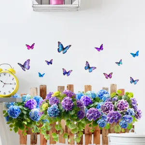 Vibrant 3D butterfly and colorful hydrangea fence wall sticker for home decoration