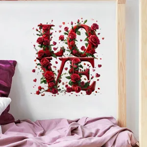 Adesivo murale LOVE con rose rosse e piccoli cuori in una calda atmosfera da camera