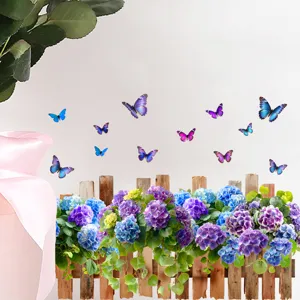 Vibrant 3D-style butterfly and hydrangea fence wall stickers for bedroom home decor
