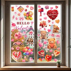 Romantic Valentine's Day window clings featuring heart cakes, bears and sweet macaroons