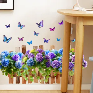Detailed view of vivid hydrangea and butterfly wall stickers applied on a home wall