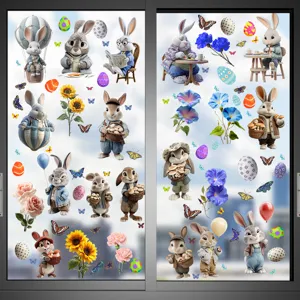 Colorful double-sided Easter bunny and floral static cling stickers for window decoration.