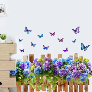 Detailed view of colorful hydrangea flowers and butterfly wall stickers for home decor
