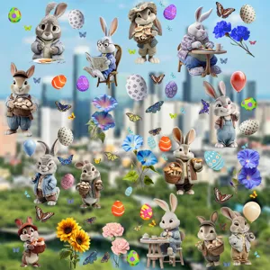 Detailed view of various cute 3D cartoon Easter bunny stickers with colorful eggs