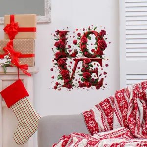 Elegante adesivo da parete LOVE per San Valentino con rose rosse e cuori per la casa