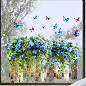Blaue Rose Schmetterling Zaun statische Fensteraufkleber mit doppelseitigem Design