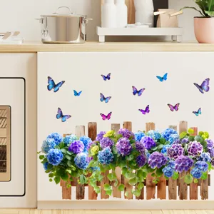 Colorful butterfly and blue hydrangea fence wall sticker for kitchen cabinet decor