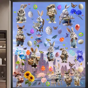 Detailed view showing colorful Easter bunny and egg static window clings on glass surface