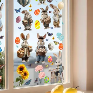 Detail view of Easter bunny static window clings with eggs and floral patterns