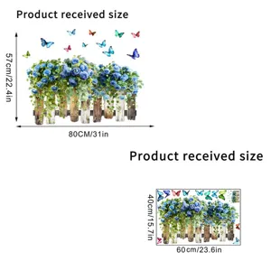 Detailed dimensions of blue rose and butterfly fence static window stickers.