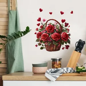 Adesivo murale San Valentino con cesto di rose e palloncini a cuore in una cucina