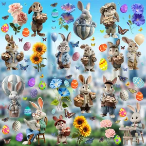 Detailed view of vibrant Easter bunny floral and egg static window stickers for shops