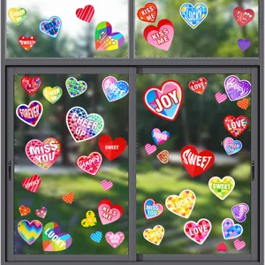 Heart-shaped static window clings with colorful patterns and sweet English words