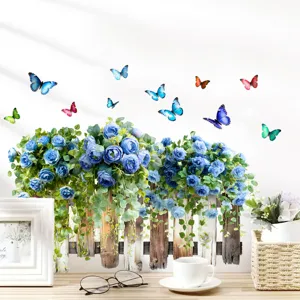 Blue rose flower and butterfly fence wall sticker set for home living room wall decor