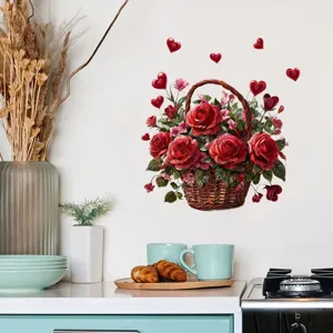 Adesivo murale di San Valentino con cesto di rose e cuori in un ambiente da cucina