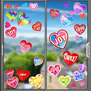 Colorful heart-shaped static cling window decals with patterns and English text for decor