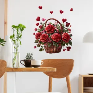 Adesivo murale vivace per San Valentino con rose rosse in cesto e palloncini cuore