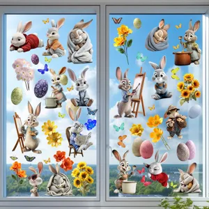 Close-up showing various 3D Easter bunny and egg static window stickers on a glass surface.