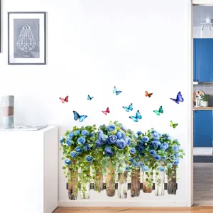 Vibrant blue roses and colorful butterflies fence wall sticker for elegant home decoration