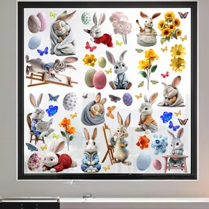 Collection of adorable Easter bunny, colorful eggs and floral patterns for window decoration