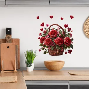 Vista dettagliata degli adesivi murali di San Valentino con rose rosse e cuori in una cucina