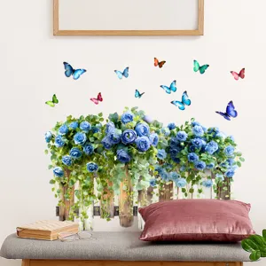 Decorative blue rose flower and butterfly fence self-adhesive wall stickers for home decor