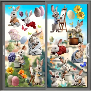 Vibrant 3D cartoon Easter bunny and egg window stickers applied to a glass sliding door