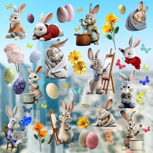 Various cute Easter bunny static window decals with colorful eggs and butterflies