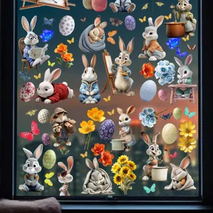 Detailed view of colorful Easter bunny and egg static window clings on glass.
