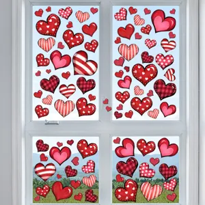 Romantic red and pink heart window clings with various patterns for home and shop decor.