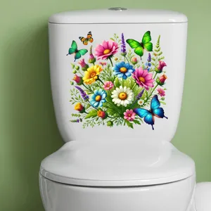 Vibrant flower and butterfly waterproof self-adhesive toilet sticker for home bathroom