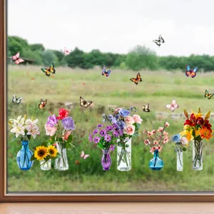 Pegatinas estáticas para ventana con mariposas y jarrones de flores sobre cristal