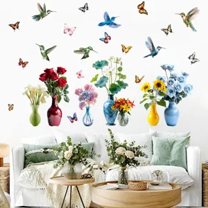 Adesivi murali decorativi impermeabili con colibrì, farfalle e vasi di fiori variopinti