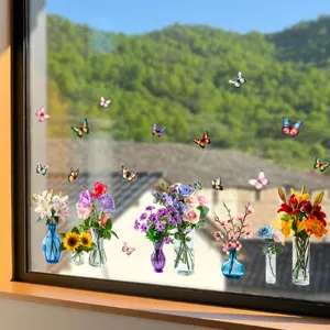 Pegatinas estáticas de ventana con jarrones de flores y mariposas sobre cristalera