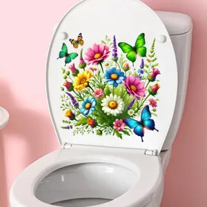 Vibrant floral and butterfly waterproof decal sticker applied on a white toilet lid