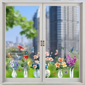 Pegatinas estáticas para ventanas con jarrones de flores y aves sobre vidrio de ventana