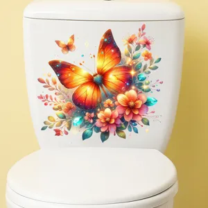 Colorful butterfly and floral waterproof self-adhesive toilet sticker for bathroom decor