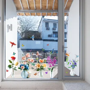 Pegatinas estáticas para ventanas con flores en jarrones y pájaros volando en vidrio