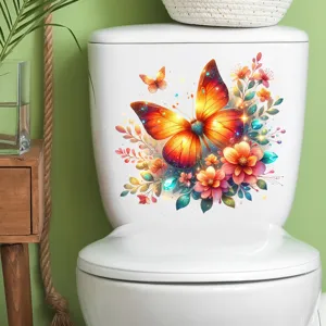 Detail view of a vibrant colorful butterfly and flower sticker on a white toilet tank