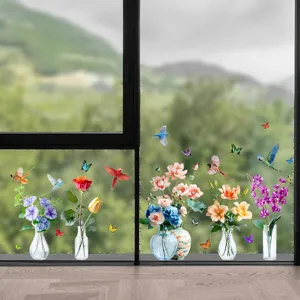 Detalle de pegatinas estáticas para ventanas con flores, pájaros y mariposas de colores