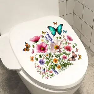 Detailed floral and butterfly pattern waterproof sticker applied on white toilet lid