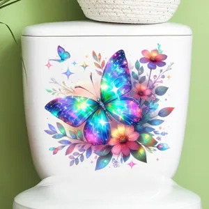 Detailed view of a vibrant colorful butterfly and flower sticker applied on a white toilet
