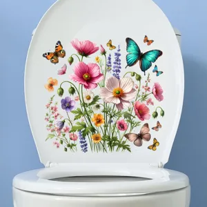 Vibrant floral and butterfly waterproof sticker on a white toilet lid decoration.