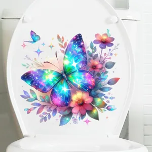 Detail showing a vibrant butterfly and floral waterproof sticker on a white toilet lid