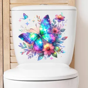 Vibrant colorful butterfly and flower waterproof sticker on a white toilet tank