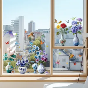 Vista detallada de pegatinas estáticas de jarrones de flores y pájaros en cristal